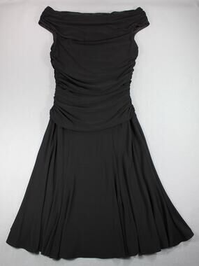 Marina Dress Womens M Black Off Shoulder Ruched Fit Flare Midi Party Cocktail